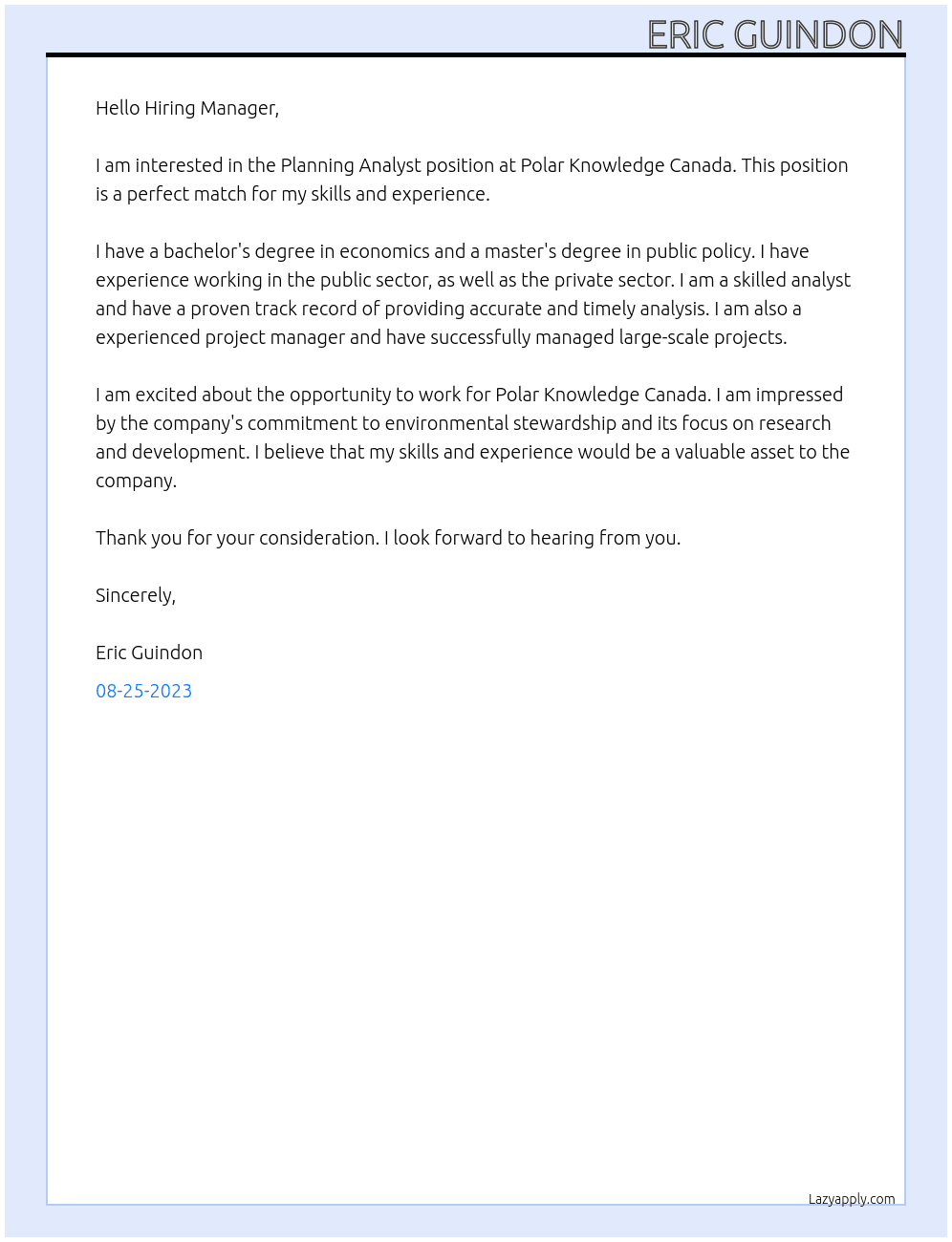 Planning Analyst At Polar Knowledge Canada Cover Letter