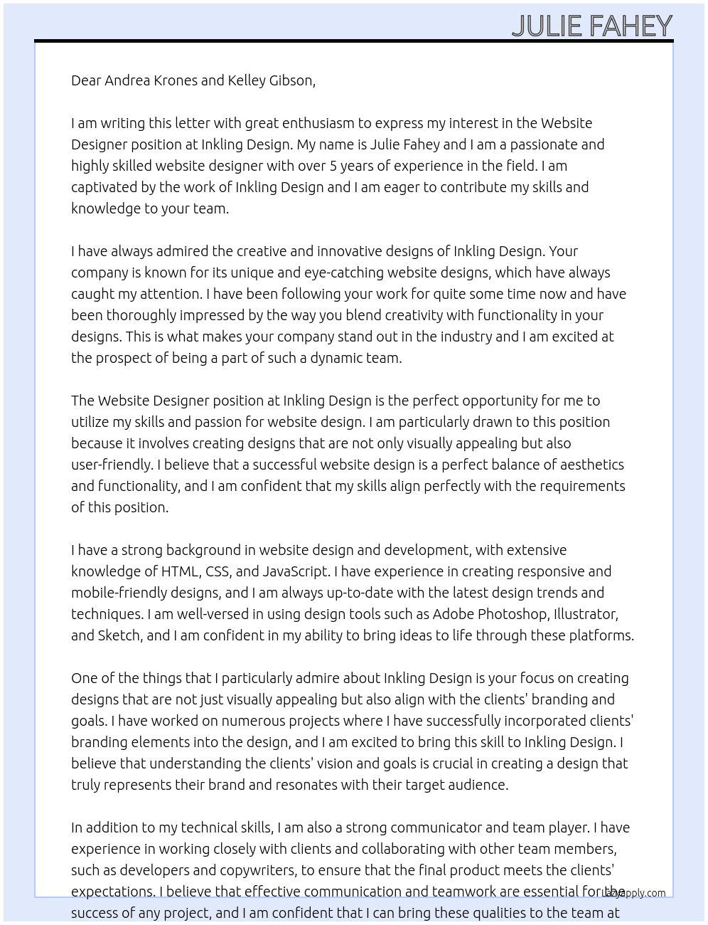Website Designer At Inkling Design Cover Letter
