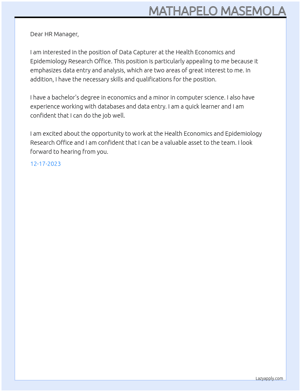 Data Capturer At Health Economics and Epidemiology Research Office Cover Letter