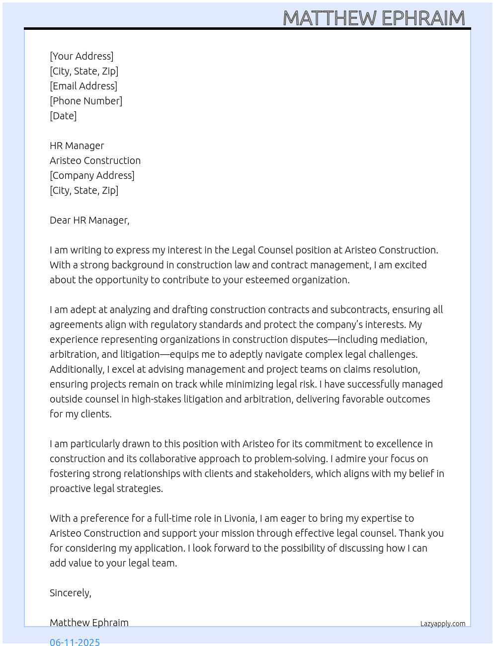 Legal Counsel At Aristeo Construction Cover Letter