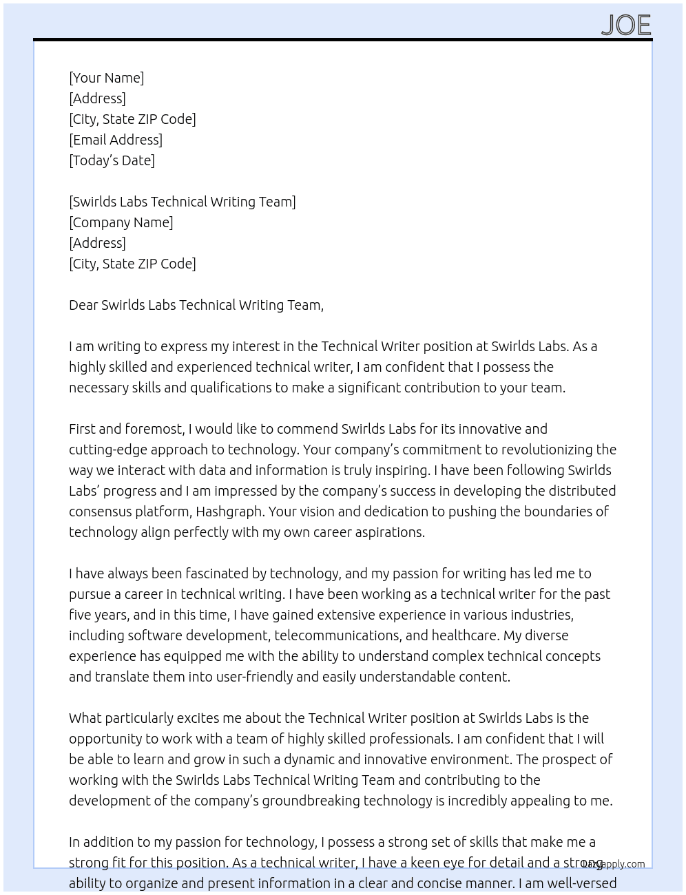 Technical Writer At Swirlds Labs Cover Letter