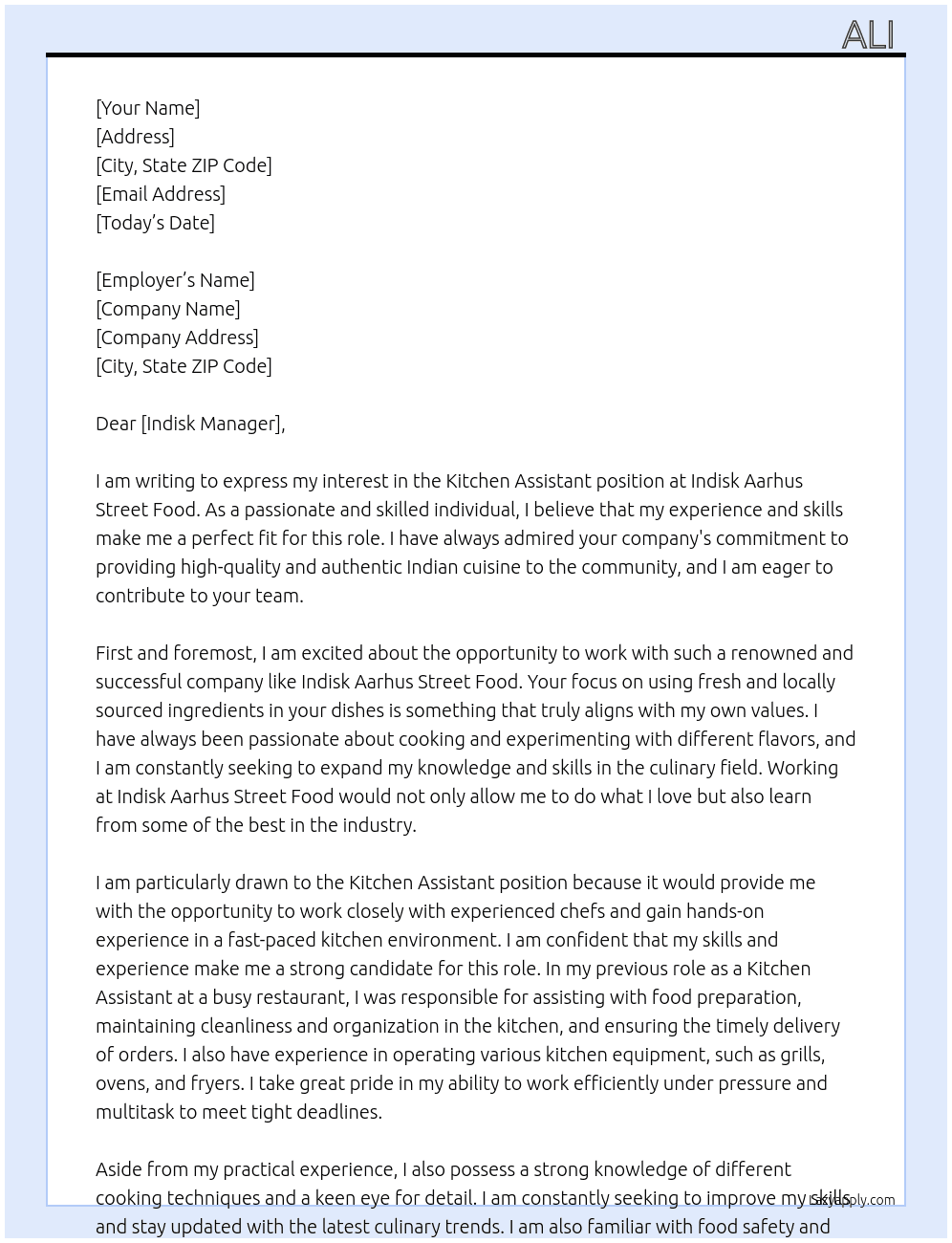 kitchen assistant At indisk aarhus street food Cover Letter