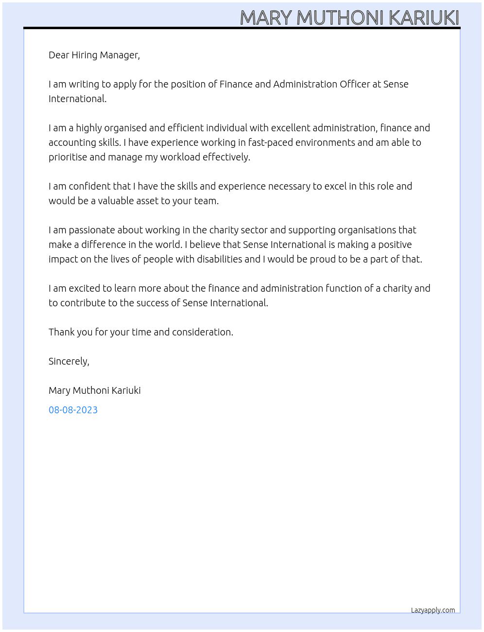 Finance and Administration Officer At Sense International Cover Letter