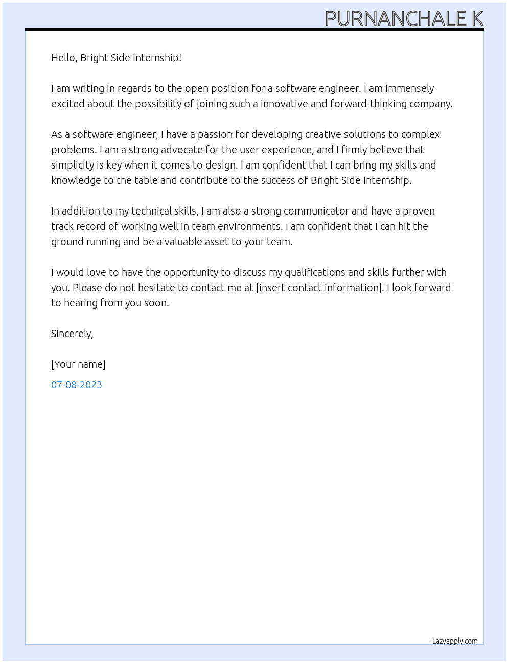 Software Engineer  At Bright Side Internship  Cover Letter