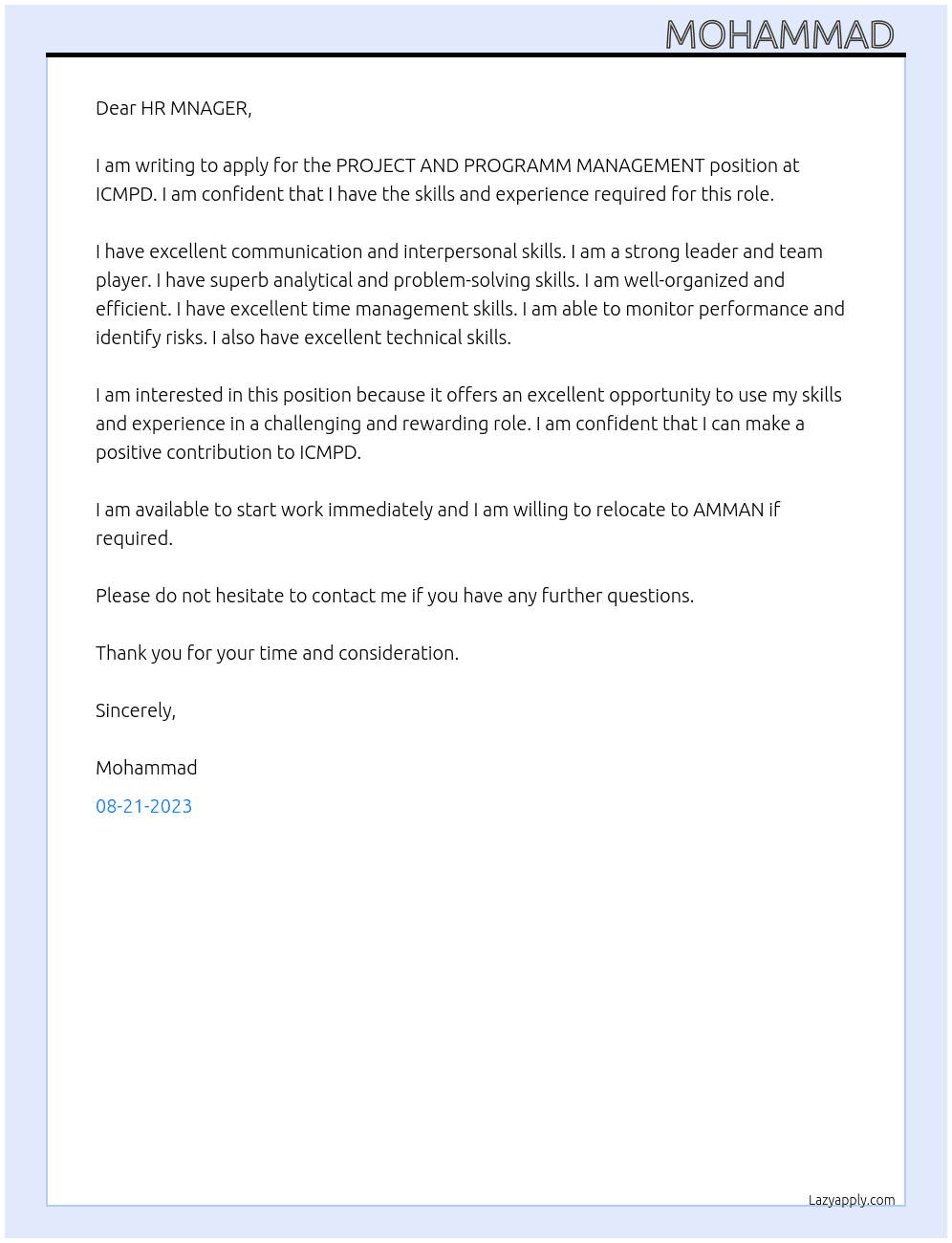 PROJECT AND PROGRAMM MANAGEMENT At ICMPD Cover Letter
