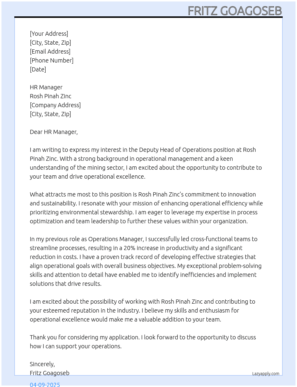 Deputy Head of Operations At Rosh Pinah Zinc Cover Letter