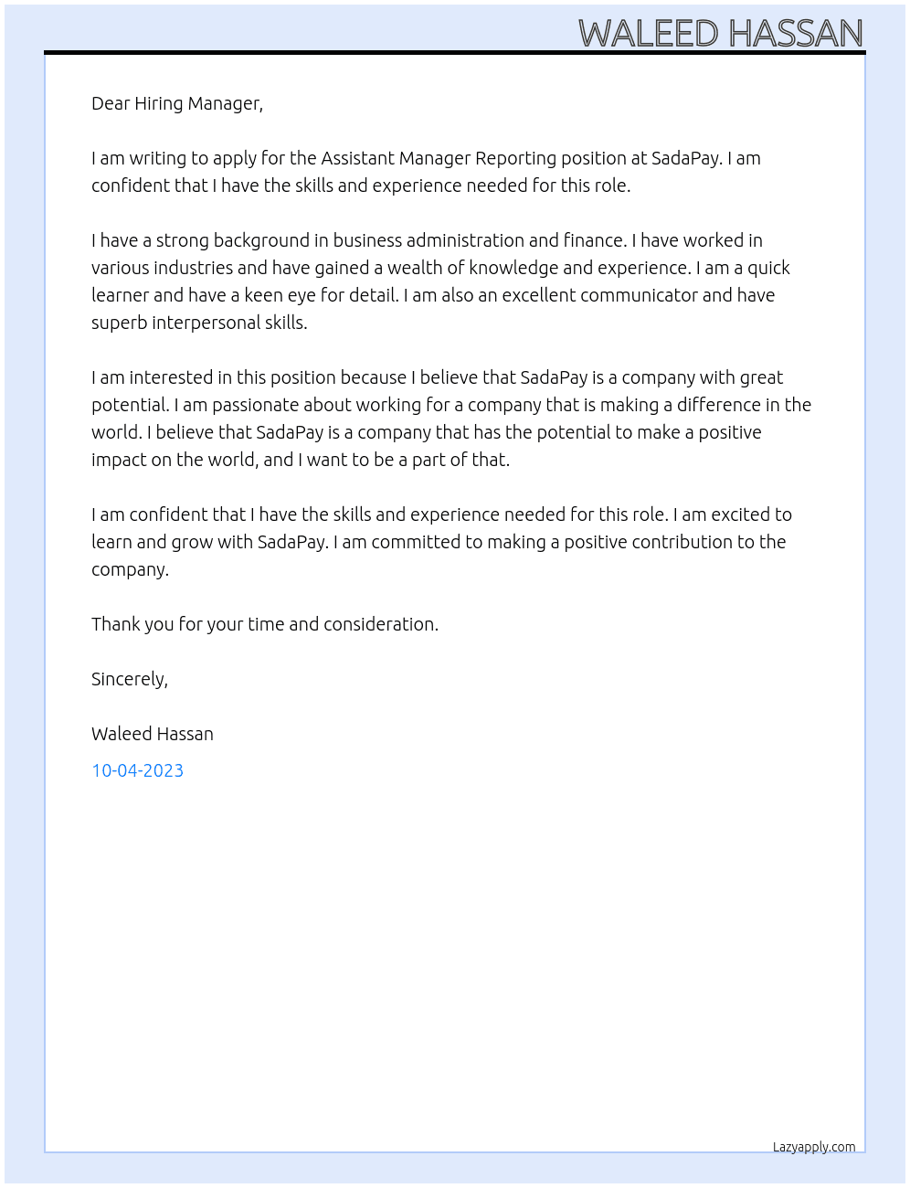 Assistant Manager Reporting At SadaPay Cover Letter