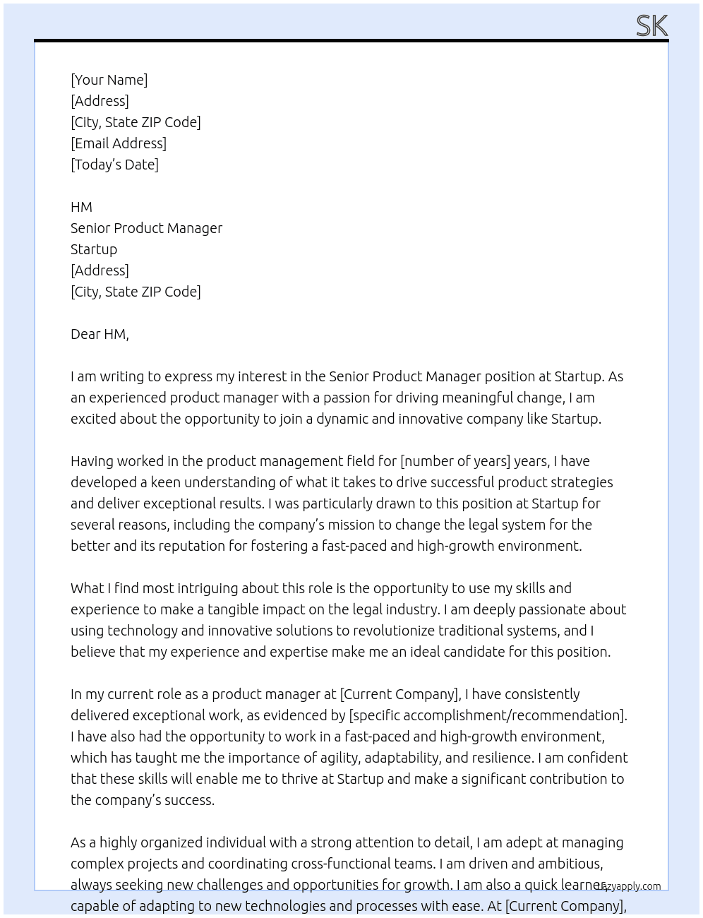 Senior Product Manager At Startup Cover Letter
