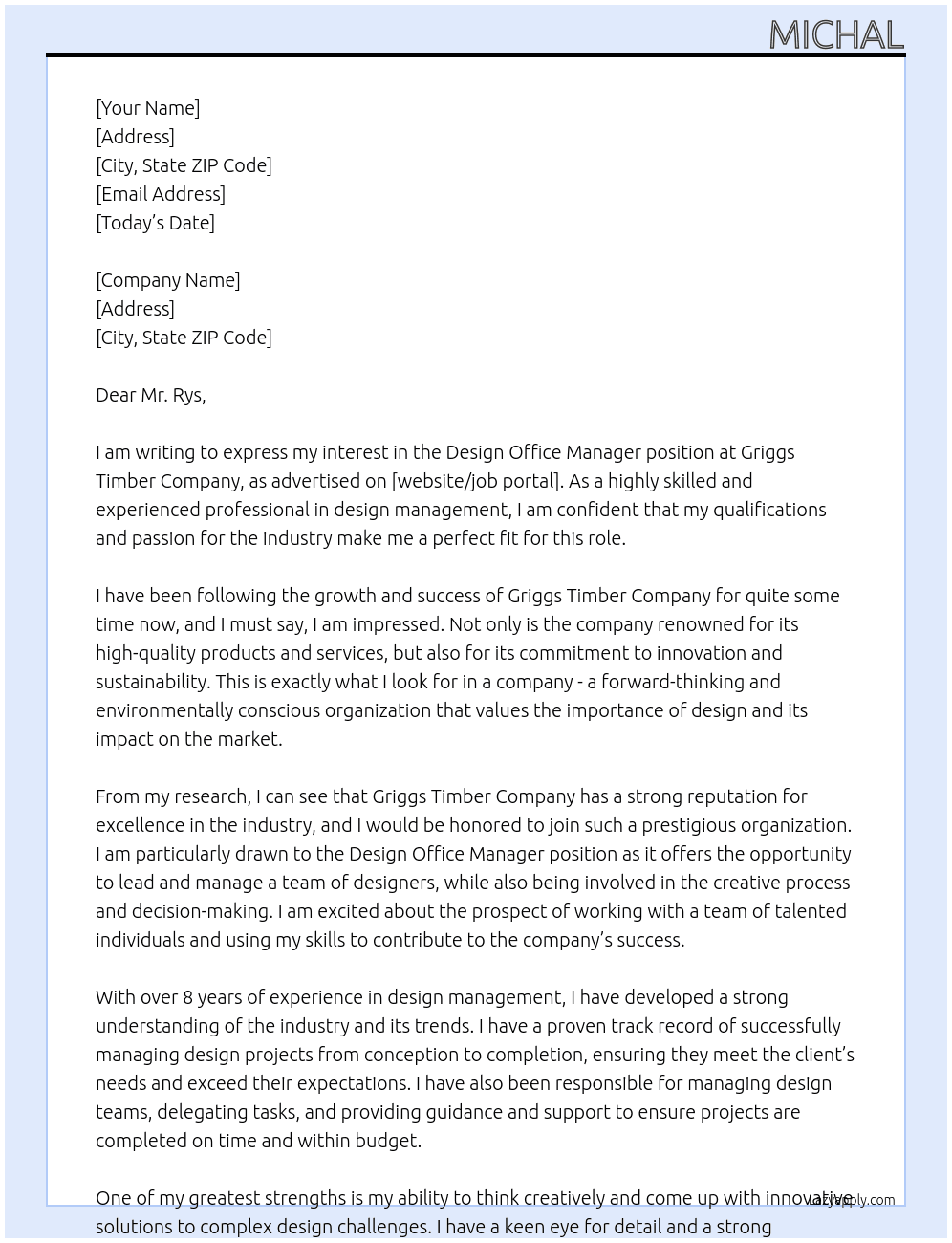 Design Office Manager At Griggs Timber Company Cover Letter