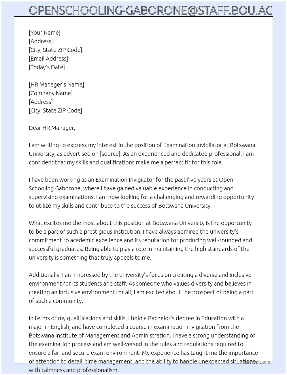 examination invigilator At botswana university Cover Letter