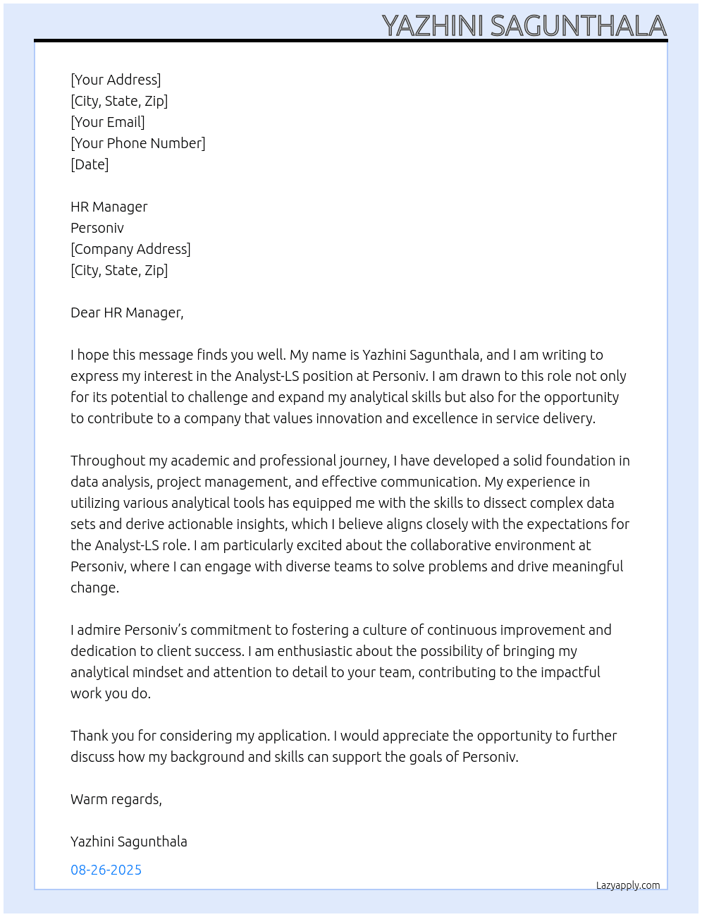 Analyst-LS At Personiv Cover Letter