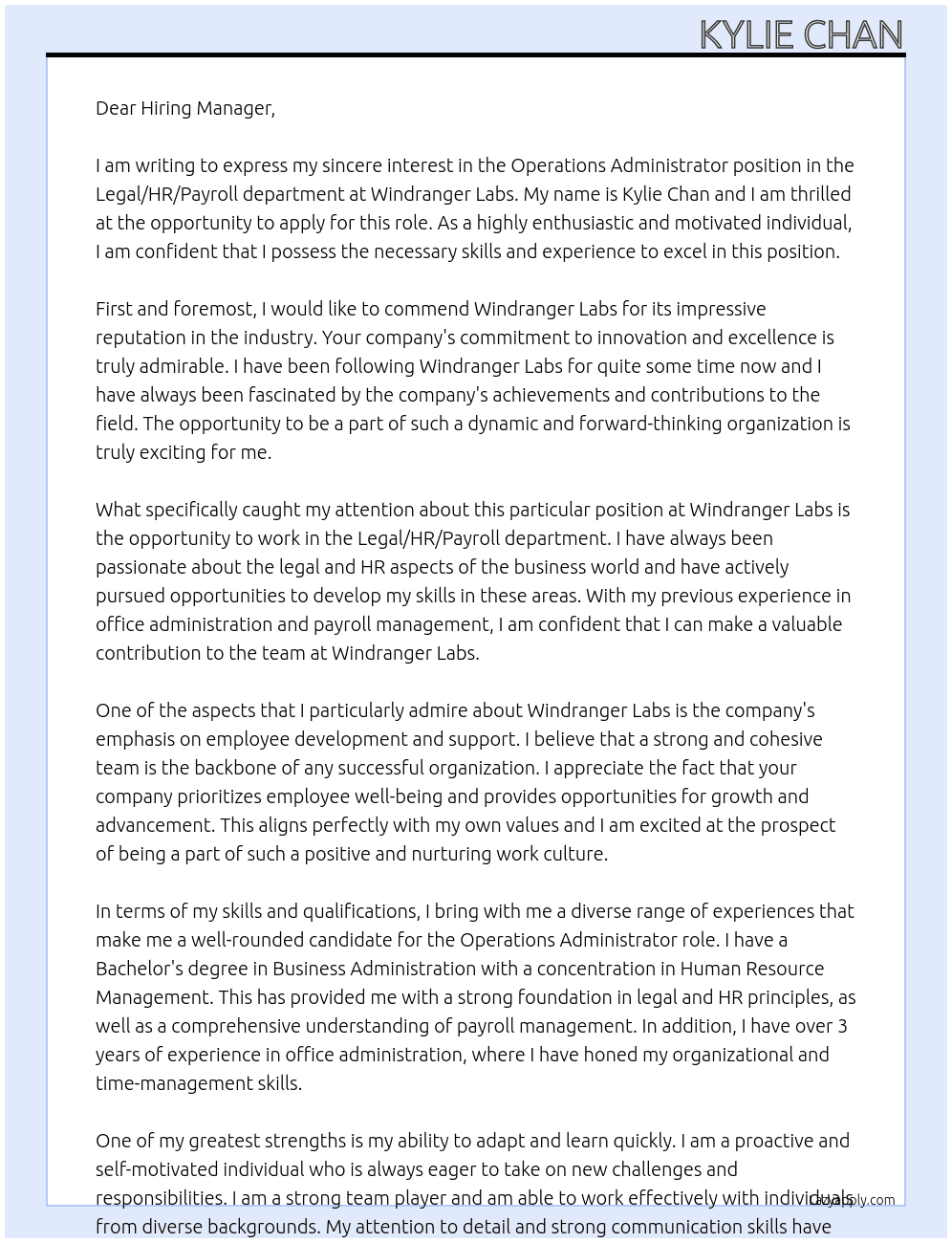Operations Administrator - Legal/HR/Payroll At Windranger Labs Cover Letter