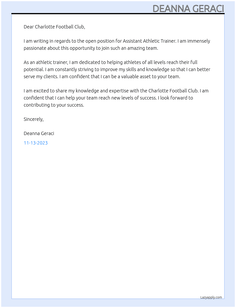 Assistant Athletic Trainer At Charlotte Football Club Cover Letter