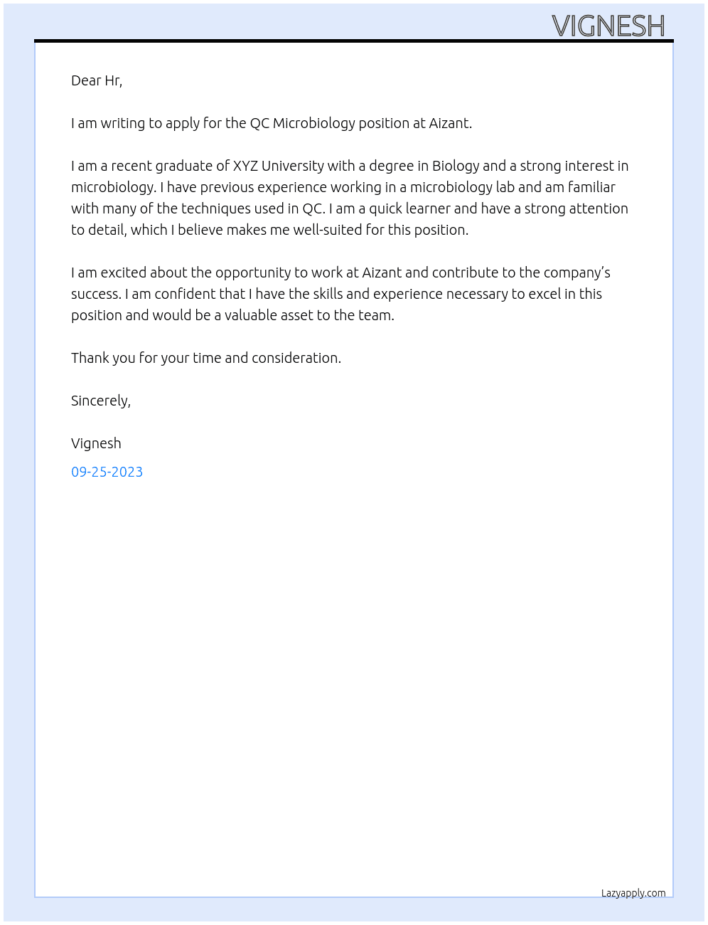 QC Microbiology  At Aizant Cover Letter