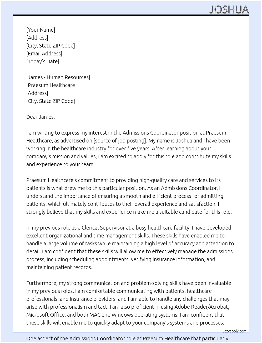 Admissions Coordinator At Praesum Healthcare Cover Letter