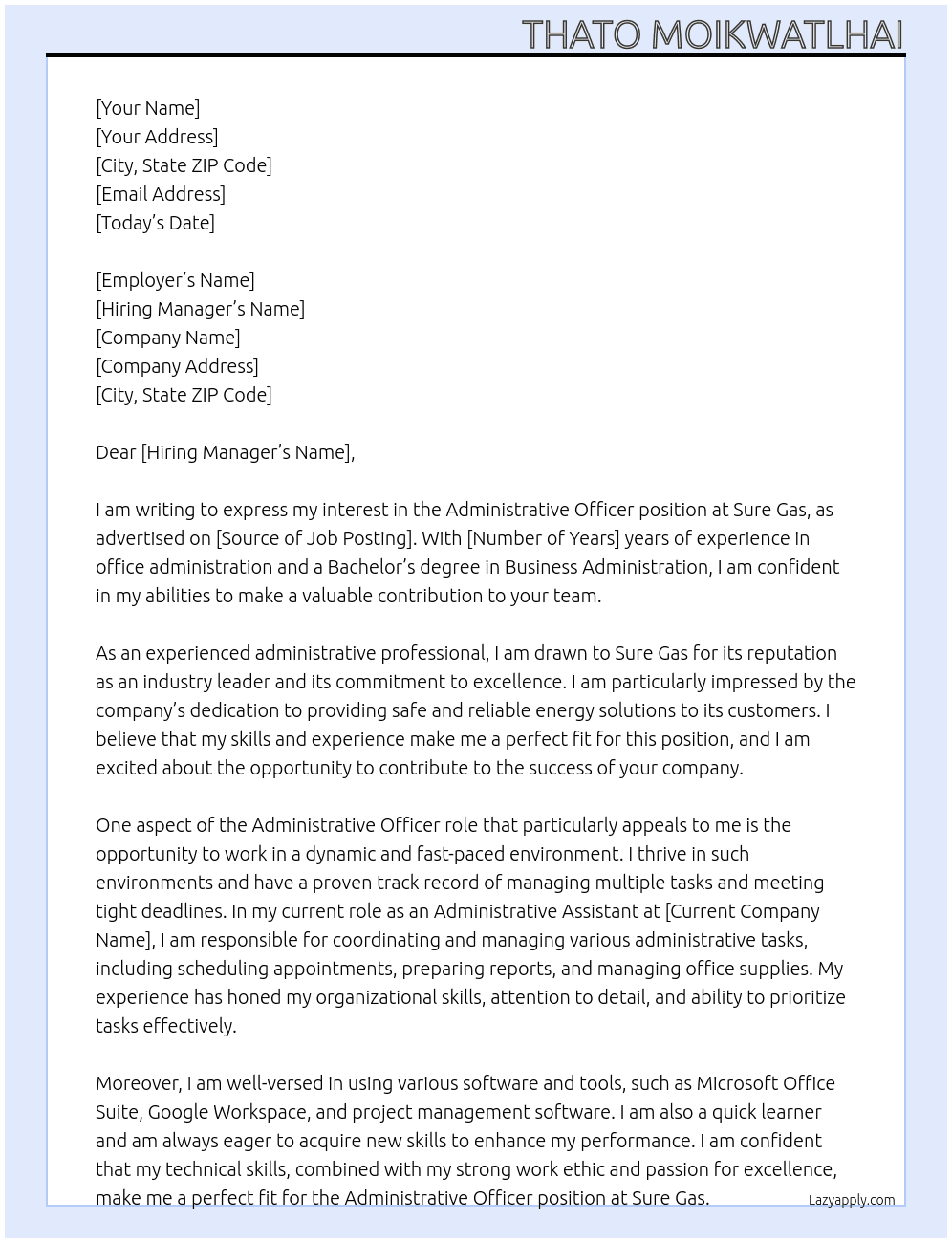 Administrative Officer  At Sure Gas Cover Letter