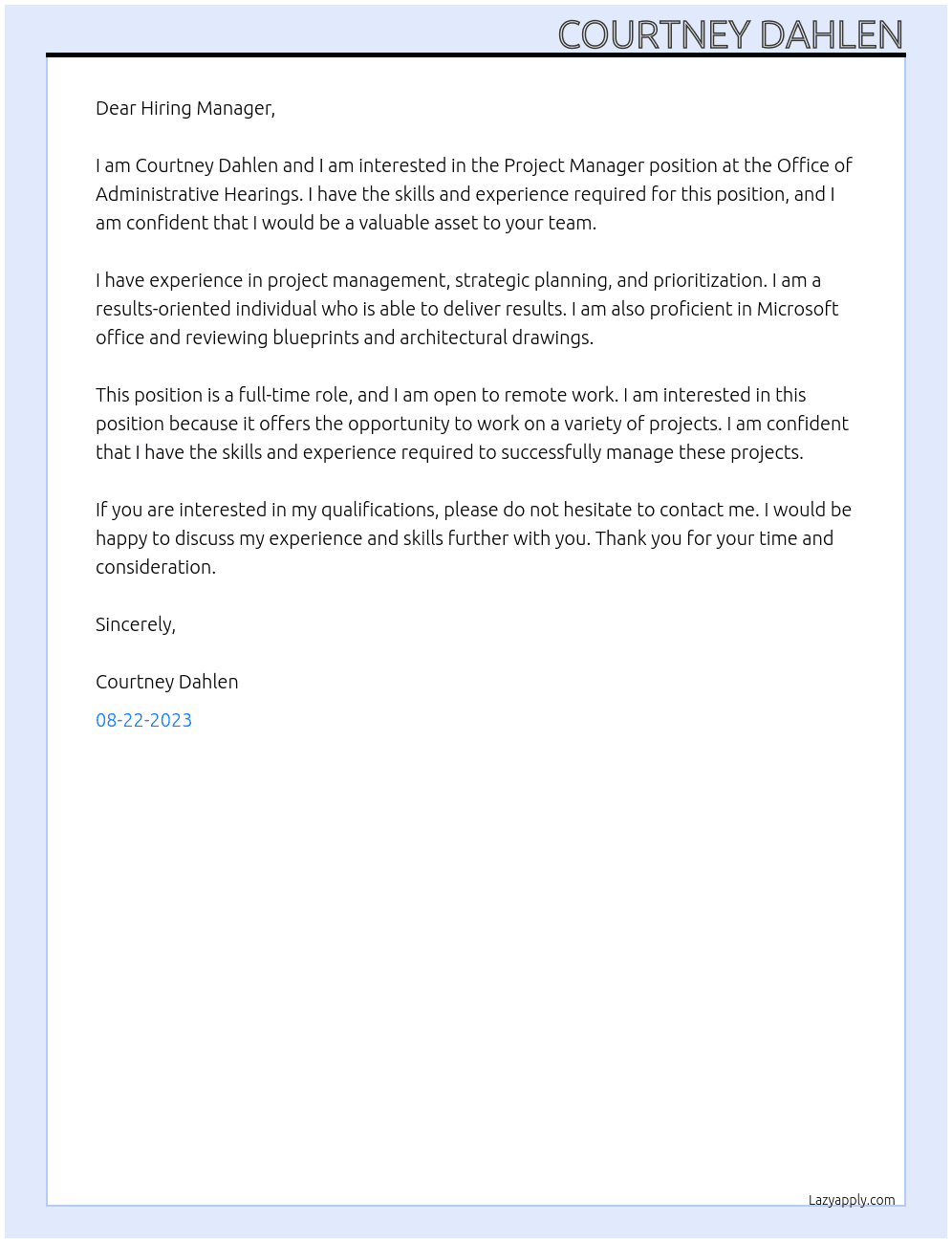 Project Manager  At Office of Administrative Hearings  Cover Letter