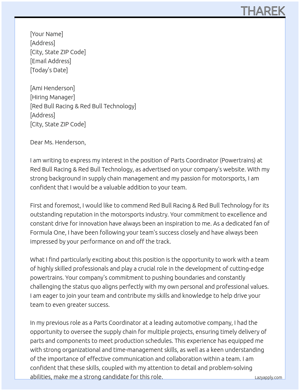 Parts Coordinator (Powertrains) At Red Bull Racing & Red Bull Technology Cover Letter