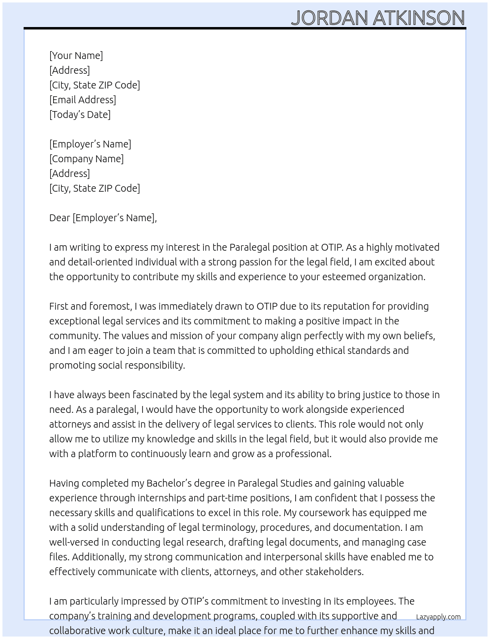 Paralegal At OTIP Cover Letter