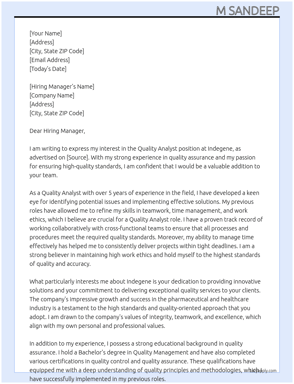Quality Analyst  At Indegene  Cover Letter