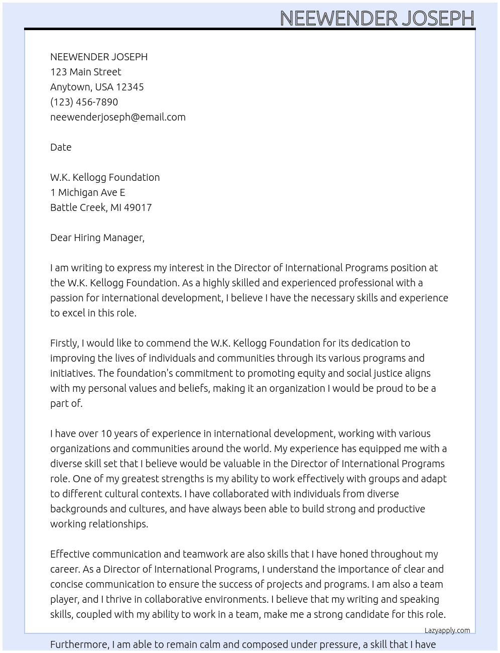 Director of International Programs At W.K. Kellogg Foundation  Cover Letter