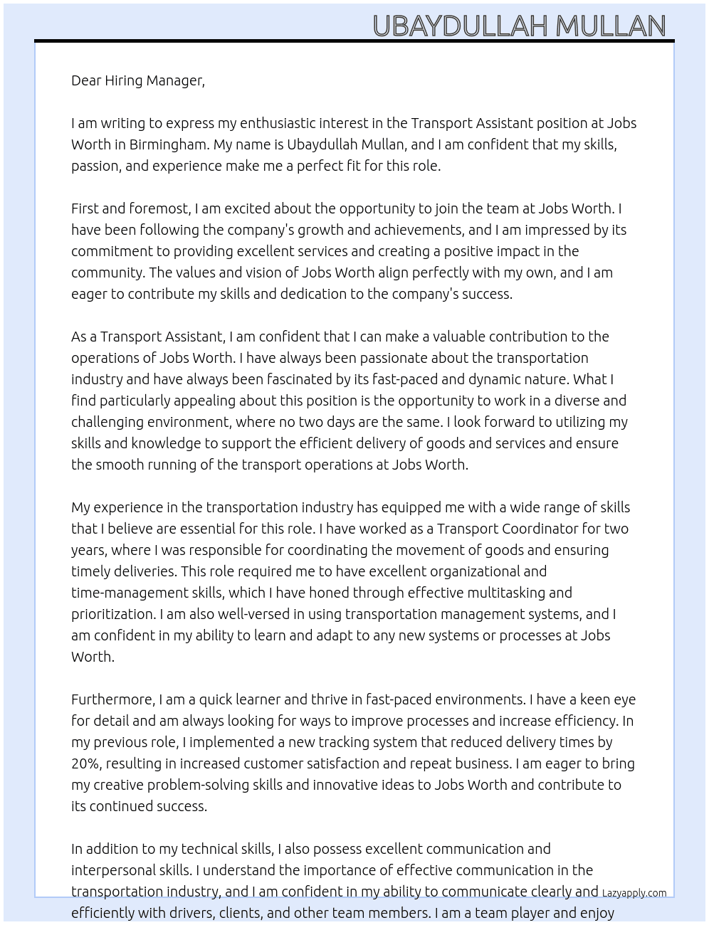 Transport assistant  At Jobs worth  Cover Letter