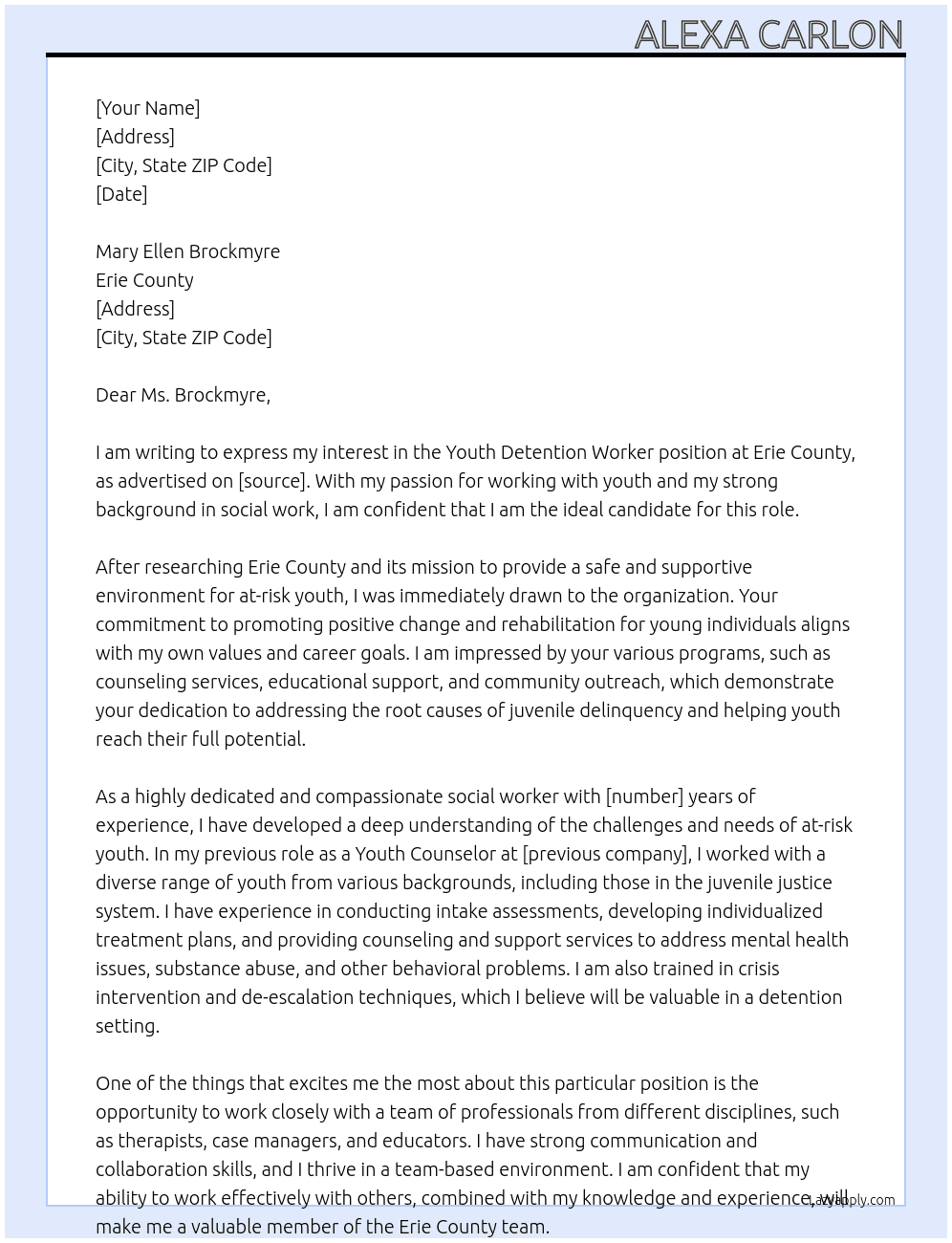 Youth Detention Worker  At Erie County  Cover Letter