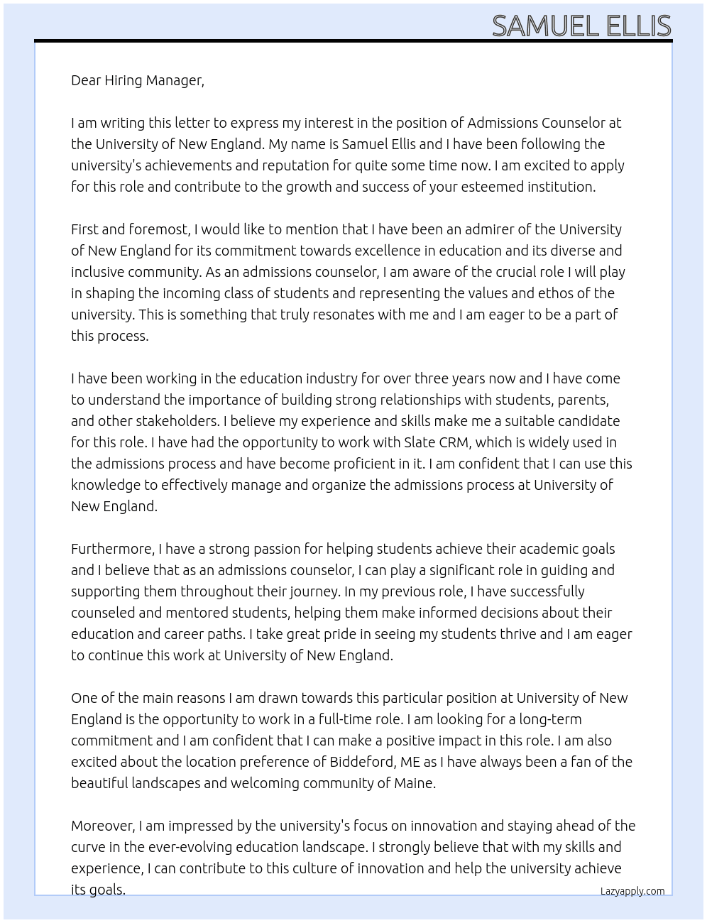 Admissions Counselor At University of New England Cover Letter