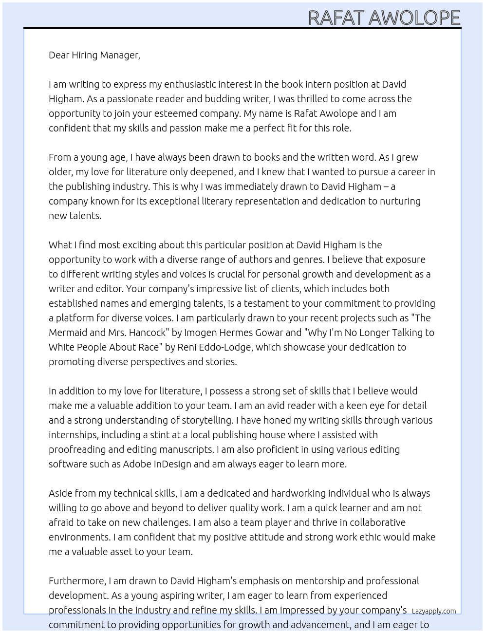 book intern At david higham Cover Letter