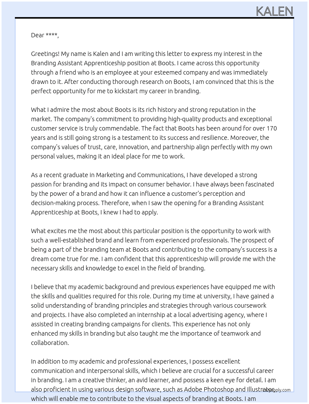 Branding Assistant Apprenticeship At Boots Cover Letter