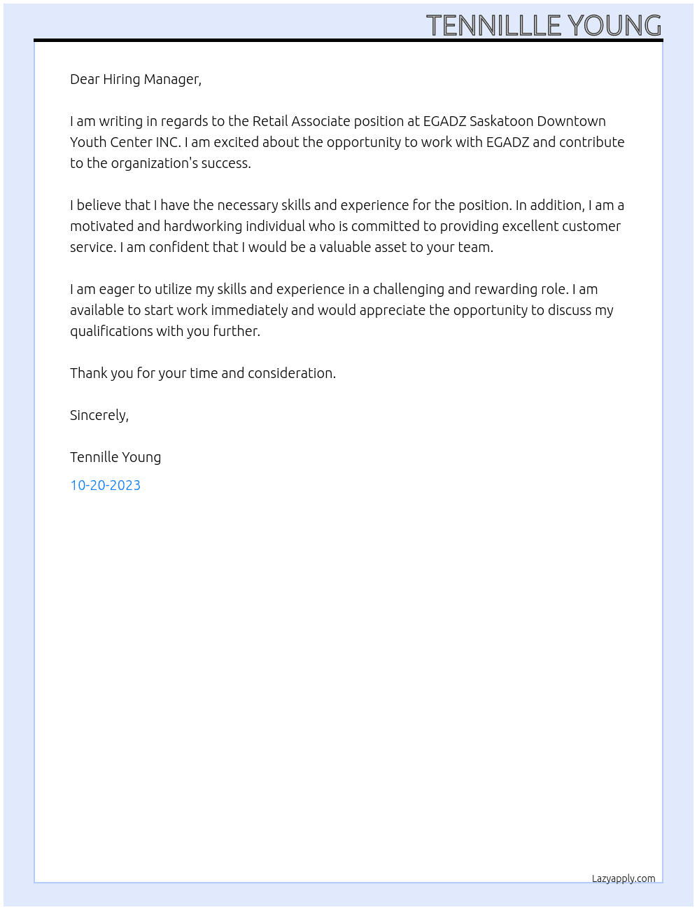 Retail Associate At EGADZ Saskatoon Downtown Youth Center INC. Cover Letter