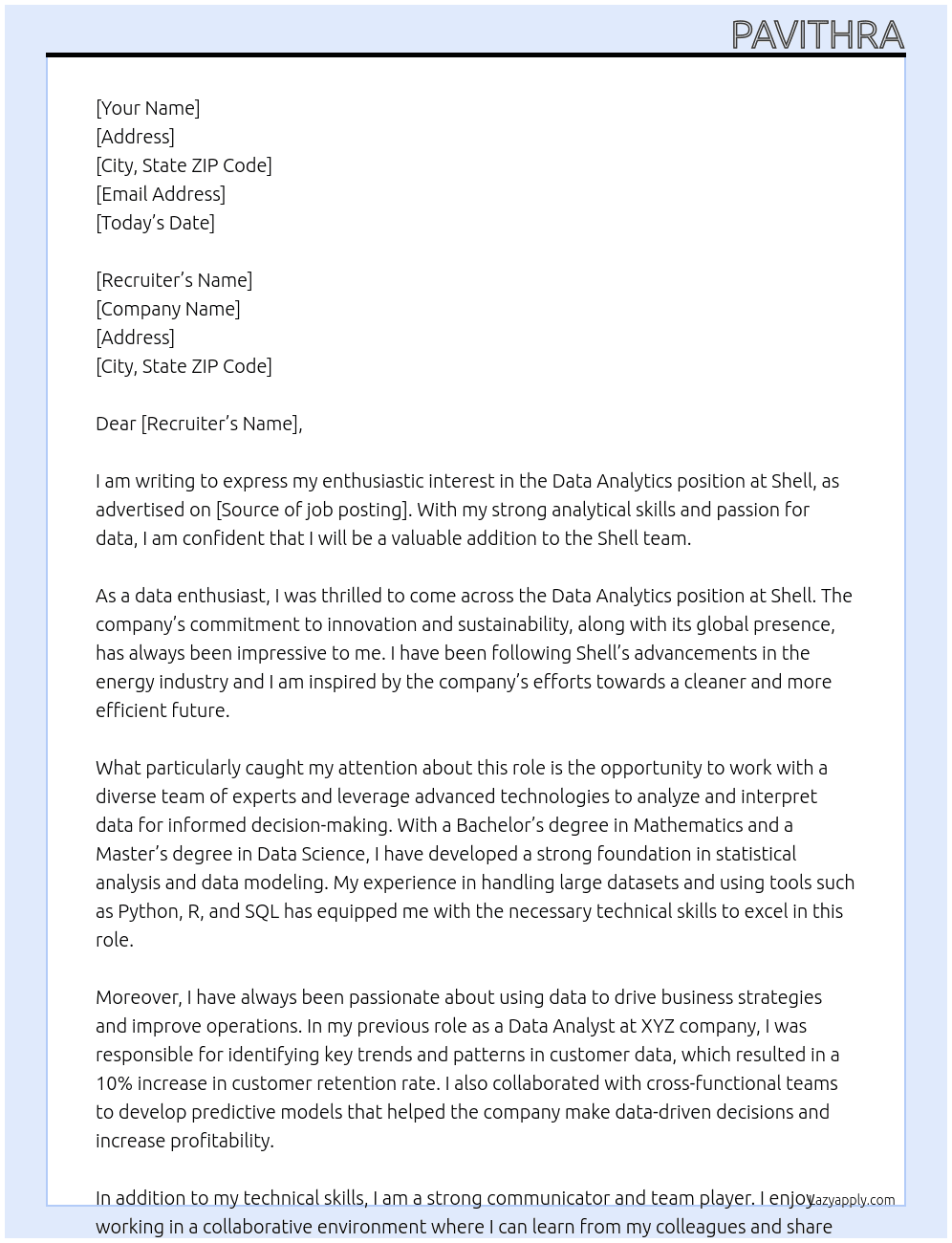 Data Analytics At Shell Cover Letter