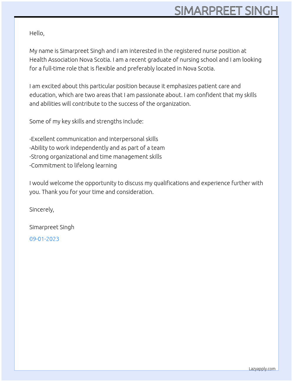 Registered nurse  At Health Association Nova Scotia Cover Letter