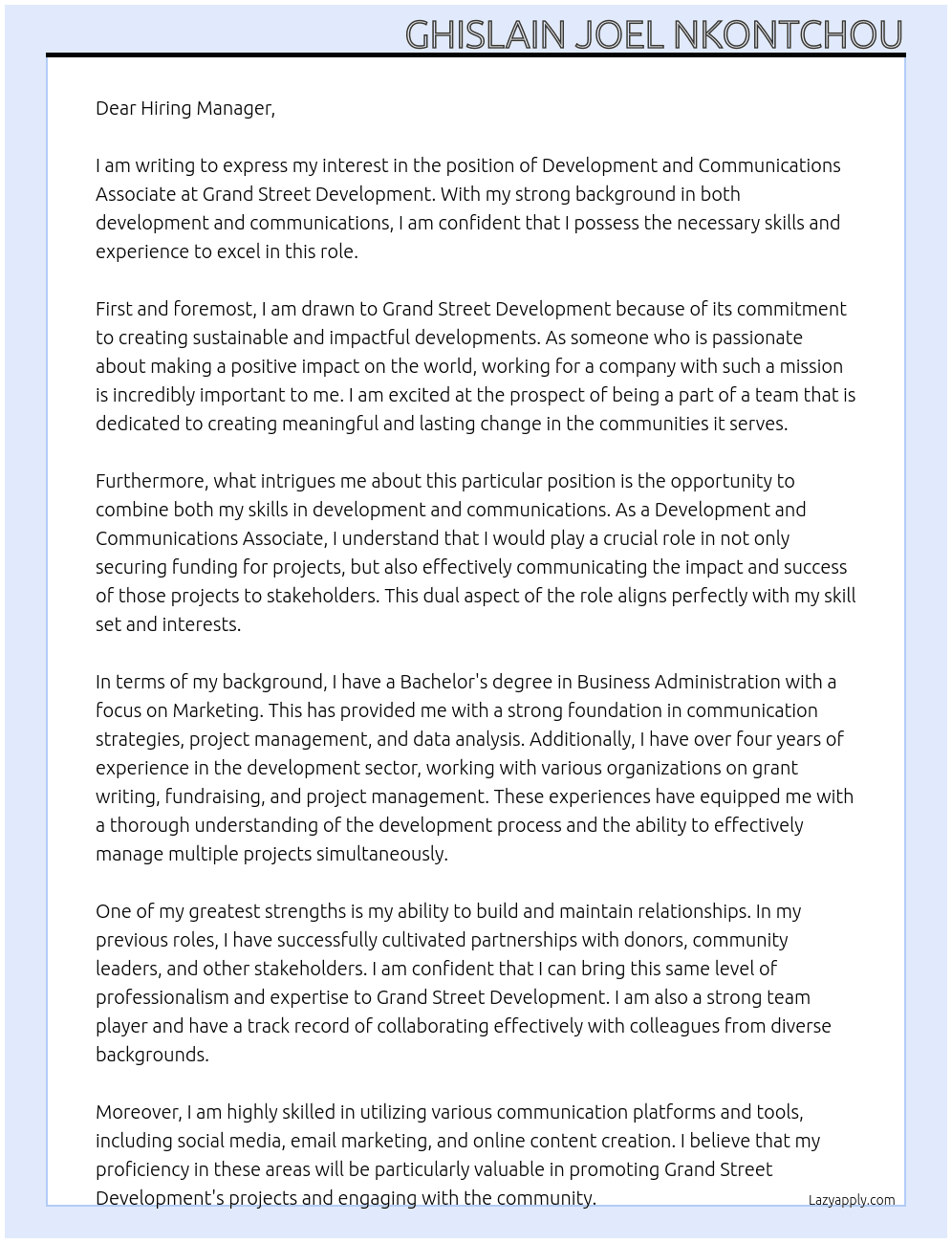 Development and Communications Associate                   At Grand Street Development Cover Letter