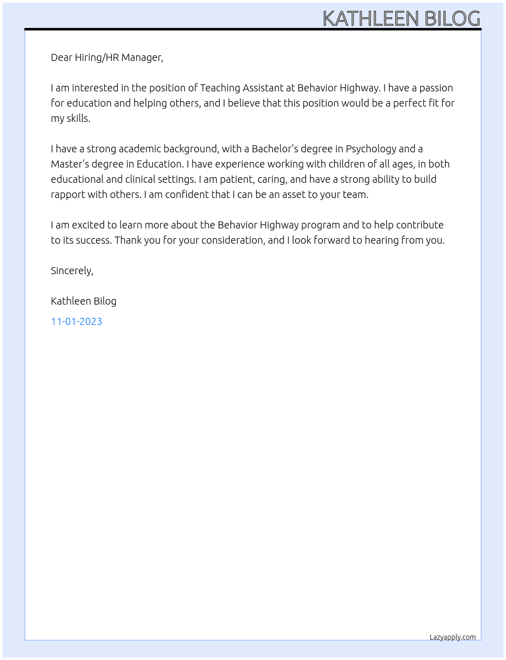 Teaching Assistant At Behavior Highway Cover Letter