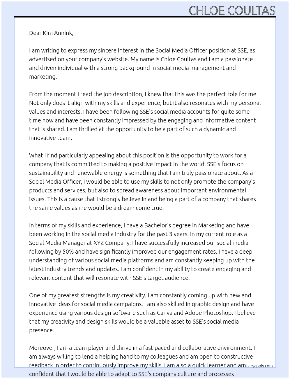 Social Media Officer At SSE Cover Letter