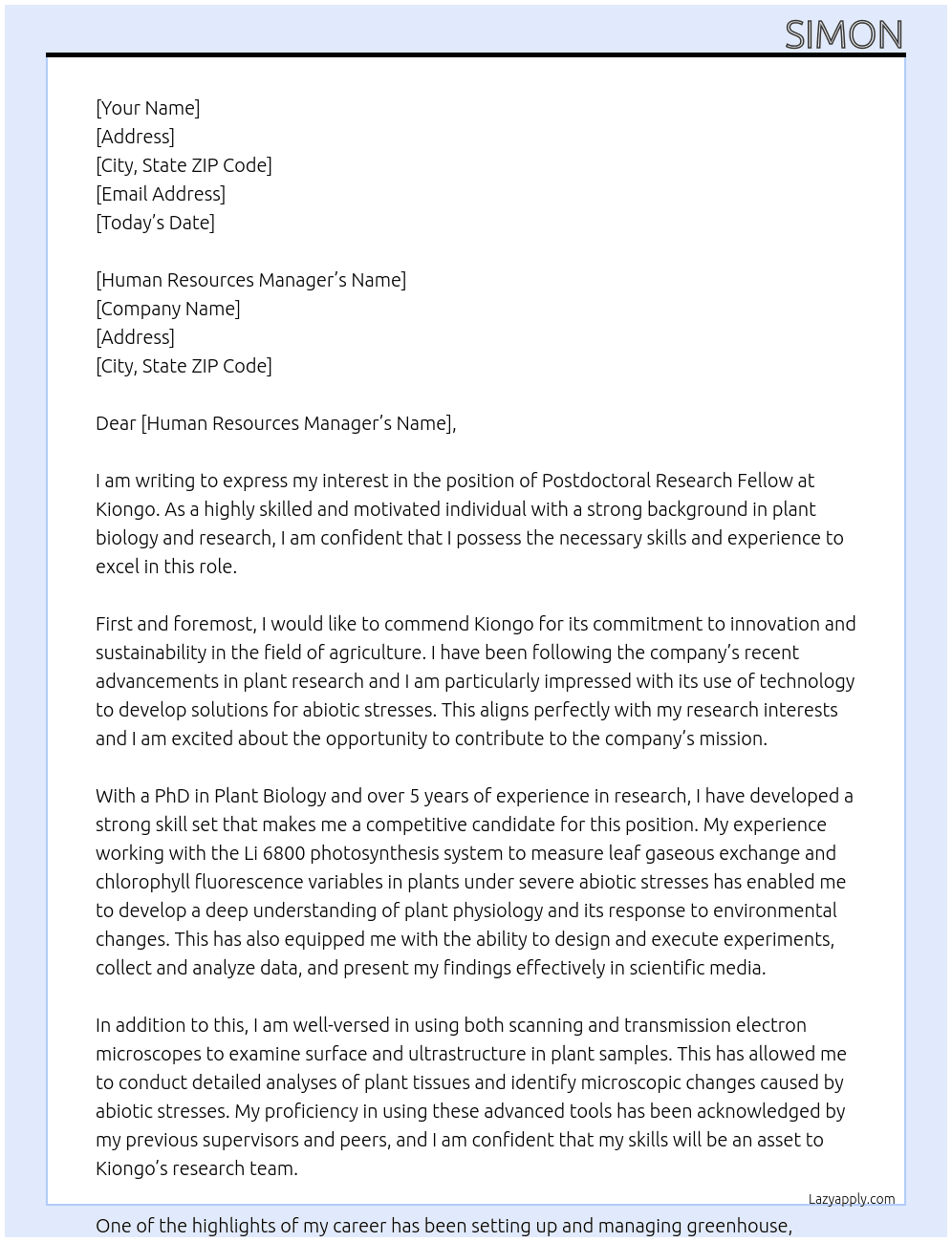 Postdoctoral Research Fellow At Kiongo Cover Letter