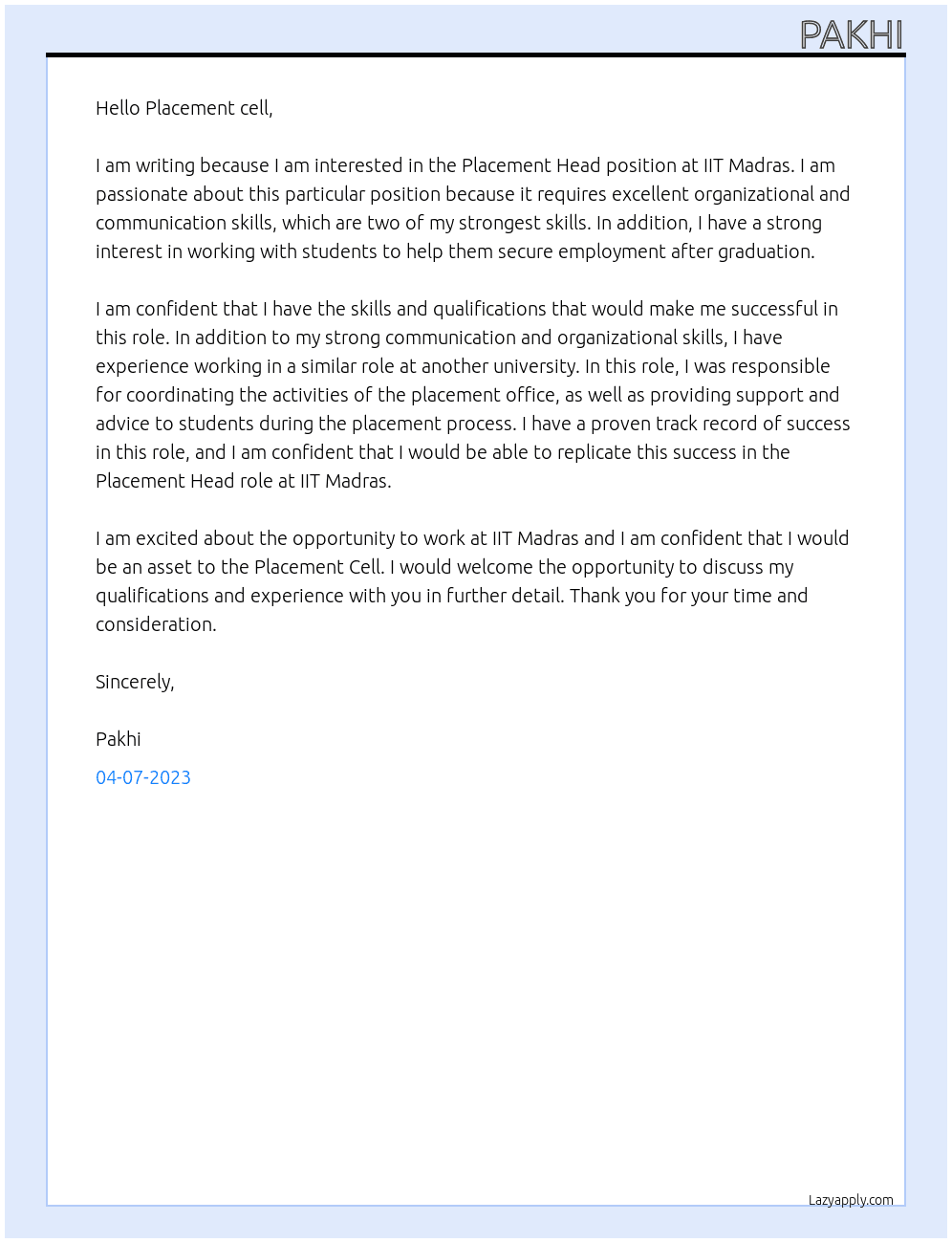 Placement Head At IIT Madras Cover Letter