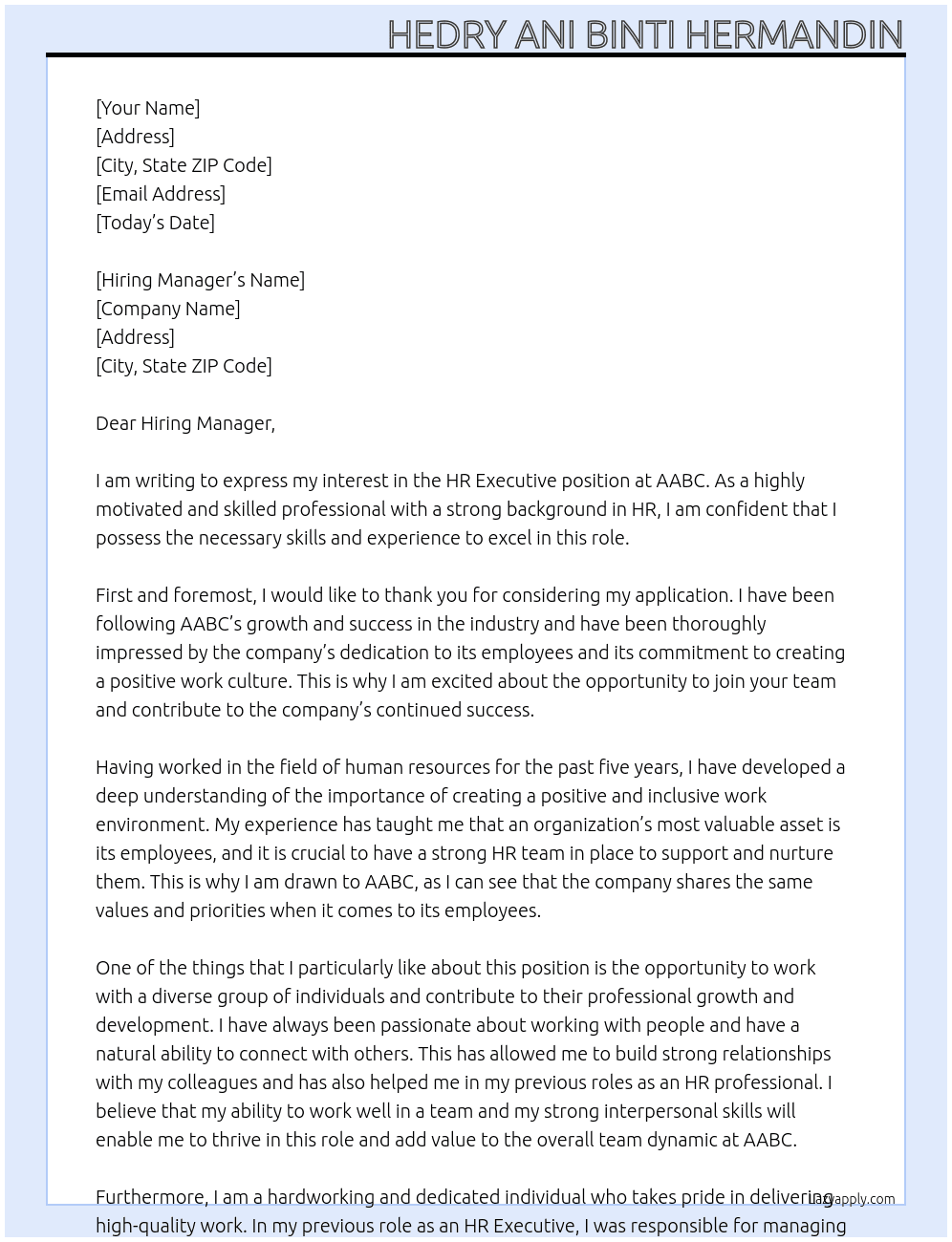 hr executive At aabc Cover Letter