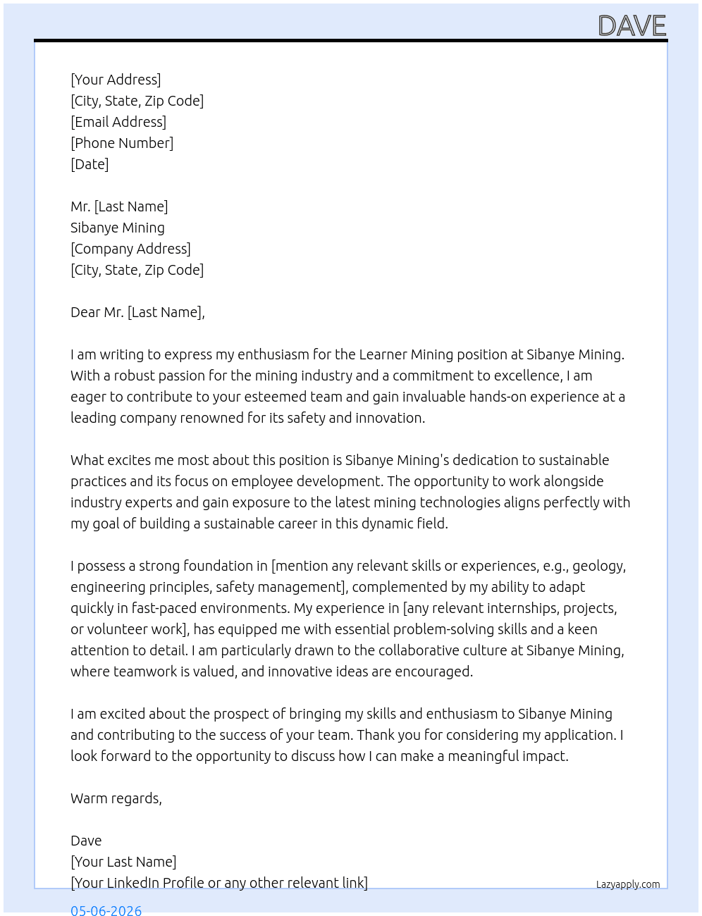 Cover letter for leaner mining - LazyApply