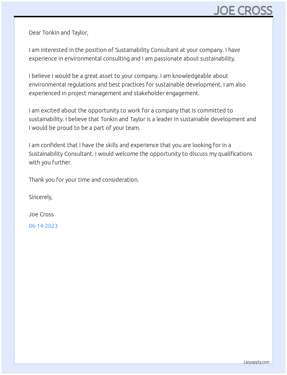 Sustainability Consultant At Tonkin and Taylor Cover Letter