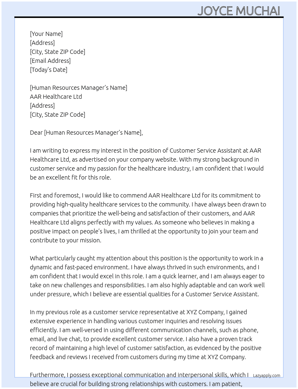 Customer Service Assistant At AAR HEALTHCARE LTD Cover Letter