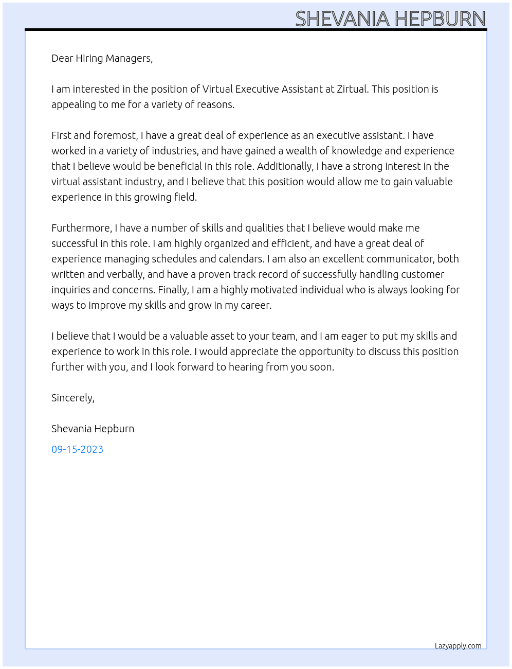 Virtual Executive Assistant  At Zirtual Cover Letter