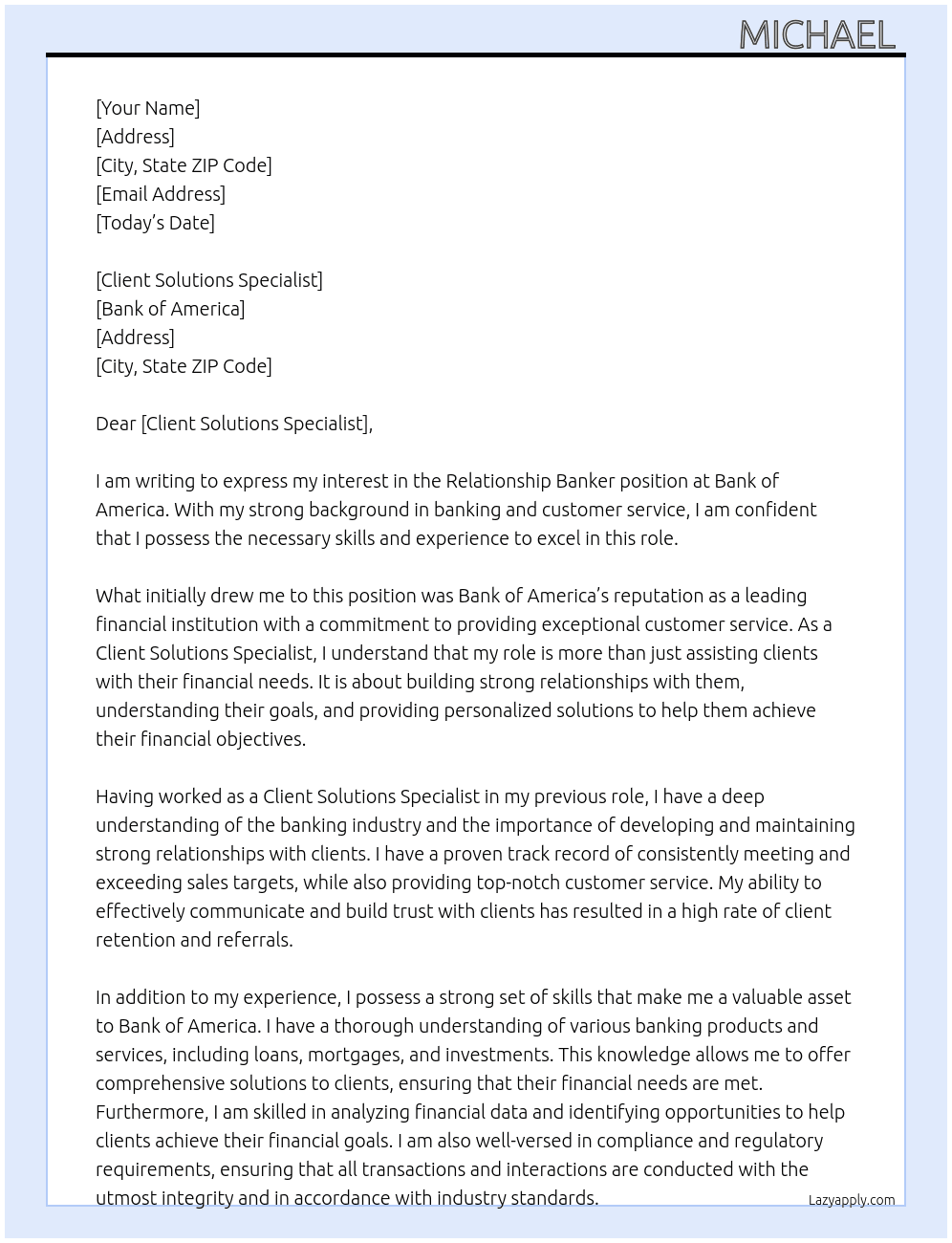 Relationship Banker At Bank of america  Cover Letter