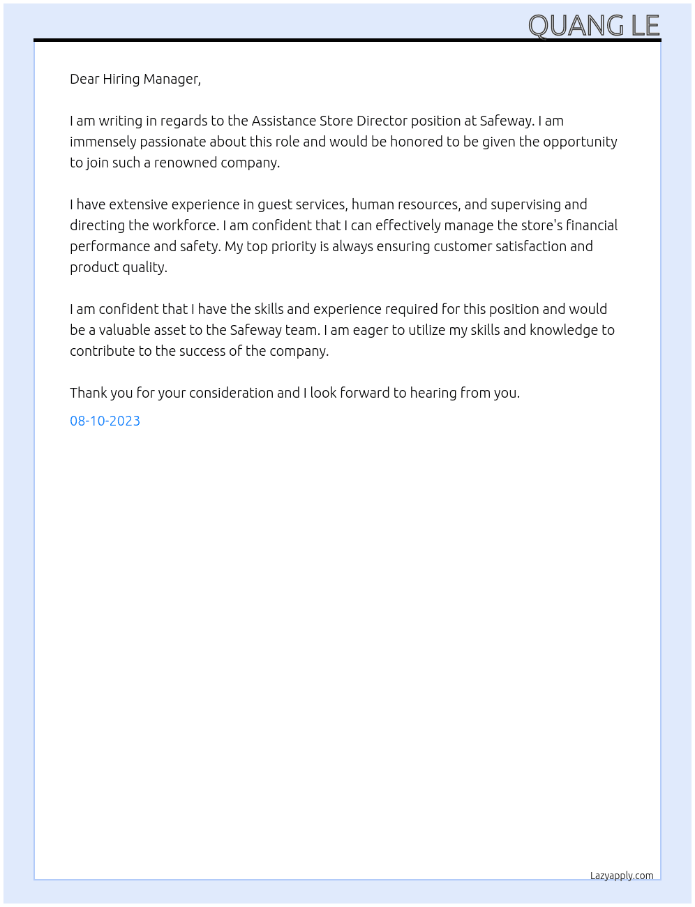 Assistance Store Director At Safeway Cover Letter
