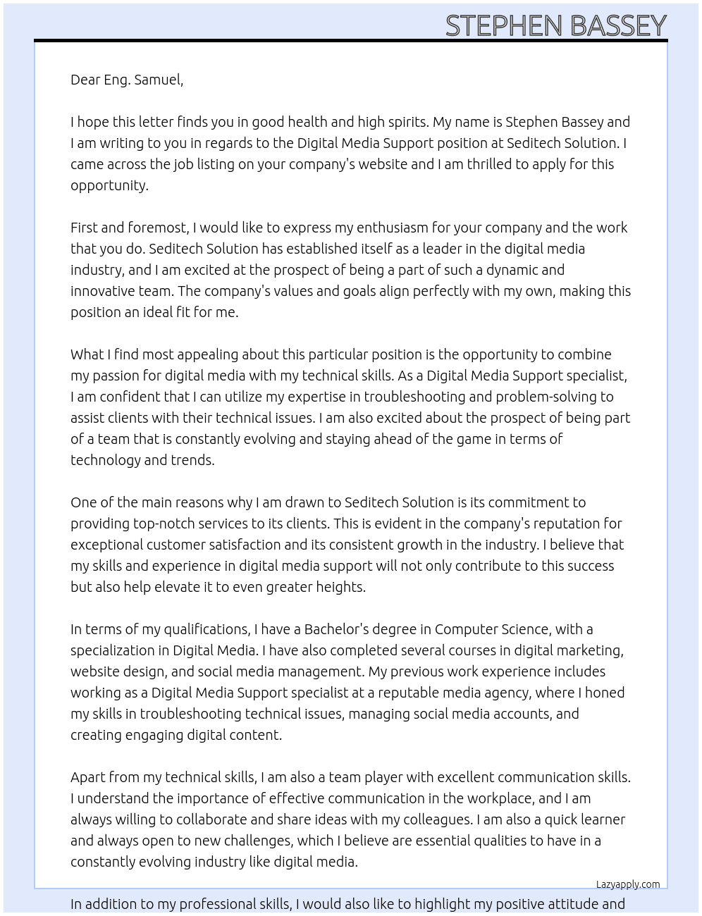 Digital Medial Support At Seditech Solution  Cover Letter