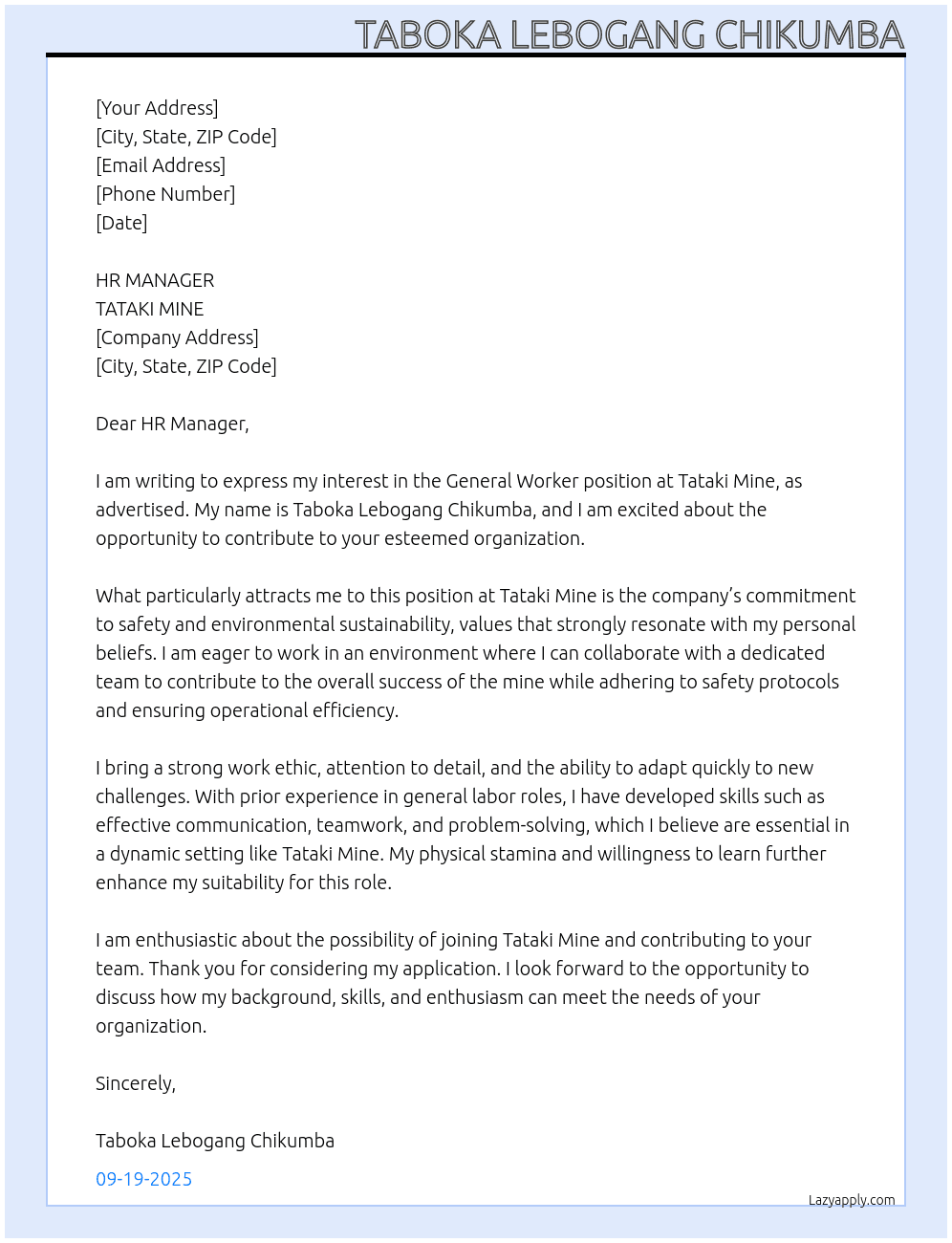 General Worker At TATAKI MINE Cover Letter