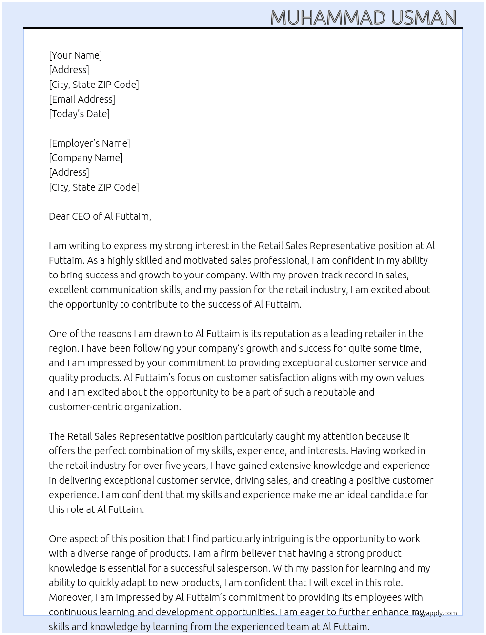 Retail Sales Representative  At Al Futtaim  Cover Letter