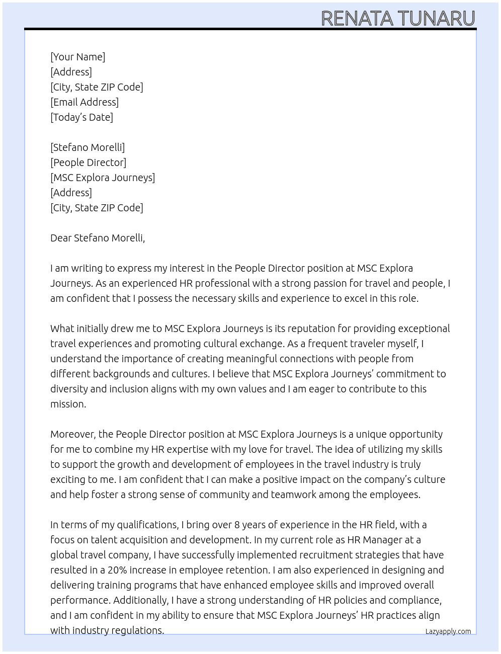 People Director At MSC Explora Journeys Cover Letter