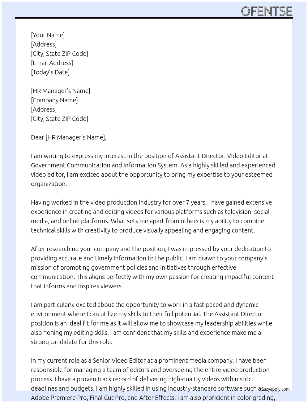 Assistant Director: Video Editor  At Government Communication and Information System Cover Letter